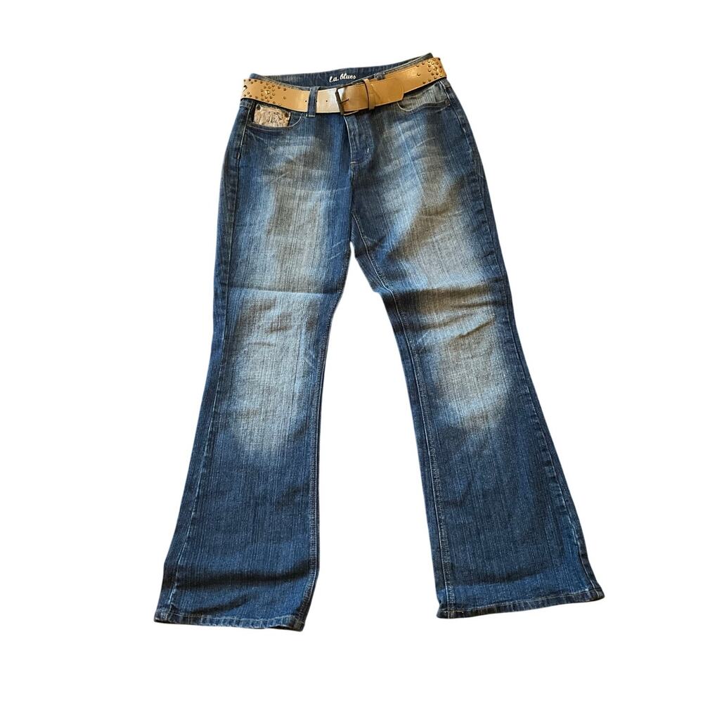 L.A. Blues Flare Jeans Mid Rise Studded Lace Denim Faded Blue Womens Size 12 NEW